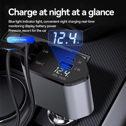 Retractable Car Charger 120W 4 in 1 Car Charger Adapter with Retractable Cables and Voltage DisplayWith USB/USB-C/Lightning Ports Compatible with i-Phone, Android, Samsung Galaxy,Apple - P001