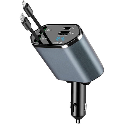 Retractable Car Charger 120W 4 in 1 Car Charger Adapter with Retractable Cables and Voltage DisplayWith USB/USB-C/Lightning Ports Compatible with i-Phone, Android, Samsung Galaxy,Apple - P001